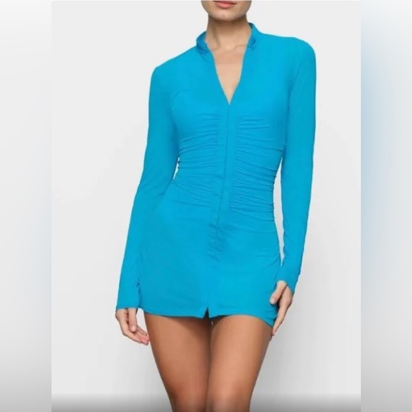 SKIMS Other - SKIMS Mesh Cover Ups Long Sleeve Sheer Ruched Dress - Turquoise Blue Sz 3X
